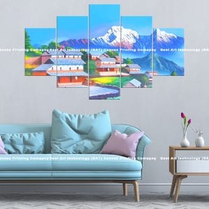 Bright Nepal Village Canvas Print | Nepal Art | Nepali Village | Sunny | Valley | Snow-capped Mountains | Landscape | Home Decor | Custom Canvas Print Nepal | Custom Murals Print Nepal