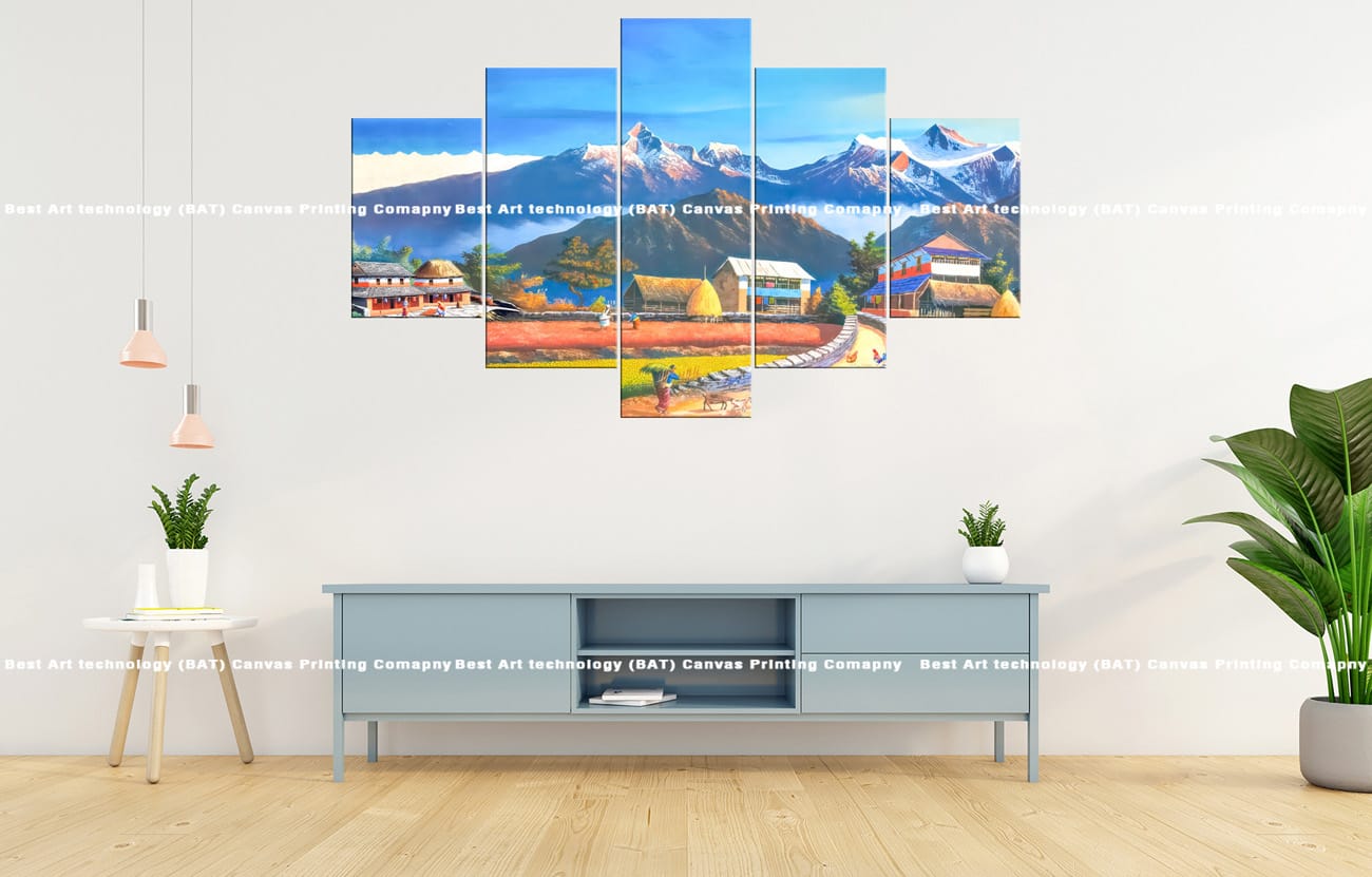 Nepali Village Mountain Canvas Sunny Nepal Village Canvas Print | Nepal Art | Nepali Village | Sunlight | Mountains | Landscape | Rural Nepal | Home Decor | Custom Canvas Print Nepal | Custom Murals Print Nepal