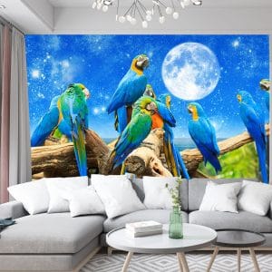 Blue Macaws Moonlit Mural Print | Bird Art | Macaw Wallpaper | Moonlit Sky | Tropical Birds | Night Scene | Custom Canvas and Murals Print Nepal