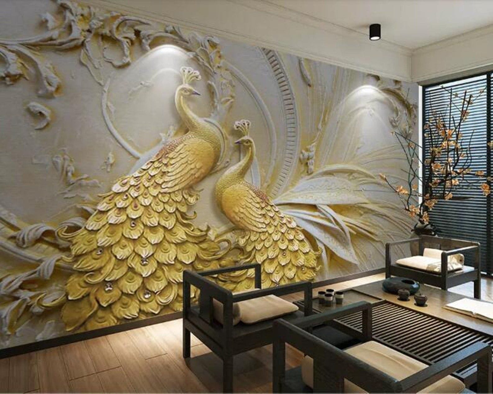 Golden Peacock Elegant 3D Mural Print Golden Peacock Elegant 3D Mural Print | Animal Art | Peacock Wallpaper | 3D Embossed | Golden Birds | Luxurious Design | Custom Canvas and Murals Print Nepal