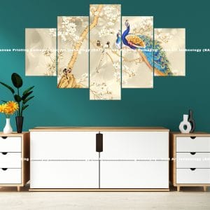 Blue Peacock Golden Branch Canvas Print | Blue Peacock | Peacock | Golden Branch | Flowers | Floral | Bird Art | Home Decor | Custom Canvas Print Nepal | Custom Murals Print Nepal | Wallpaper Art