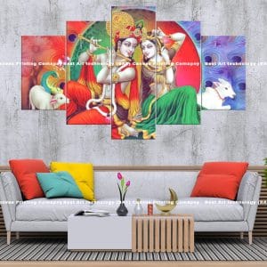 Colorful Radha Krishna Cow Canvas Print | Hindu Art | Radha | Krishna | Flute | Cows | Peacock Feathers | Vibrant | Religious Canvas Print | Wallpaper | Home Decor | Custom Canvas Print Nepal | Custom Murals Print Nepal
