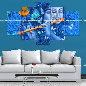 Blue Radha Krishna Flute Canvas Print | Hindu Art | Radha | Krishna | Flute | Blue | Butterflies | Flowers | Serene | Religious Canvas Print | Wallpaper | Home Decor | Custom Canvas Print Nepal | Custom Murals Print Nepal