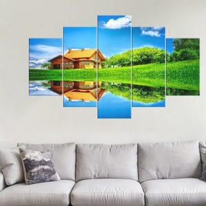 House Lake Reflection Canvas Print | Nature Art | Lake Canvas | House Reflection | Green Landscape | Blue Sky | Serene Scene | Custom Canvas and Murals Print Nepal