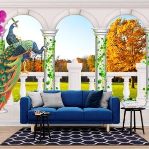 Peacocks Archway Autumn View Wallpaper | Elegant Nature Wall Decor Nepal | Peacock Wallpaper | Autumn Landscape Mural | Archway Wall Art | Fall Foliage | Custom Mural Print Nepal | Custom Canvas Print Nepal