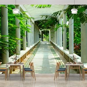 Green Trellis Pathway Restaurant Wallpaper | Serene Decor Nepal | Restaurant Wallpaper | Trellis Mural | Green Pathway | Dining Decor | Custom Mural Print Nepal | Custom Canvas Print Nepal
