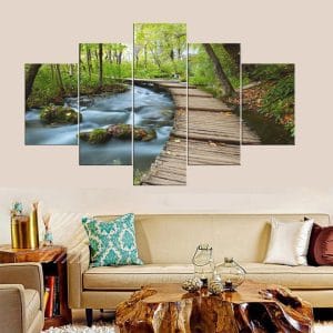Wooden Path Forest Stream Canvas Print | Nature Art | Forest Path Canvas | Flowing Stream | Lush Greenery | Tranquil Scene | Custom Canvas and Murals Print Nepal