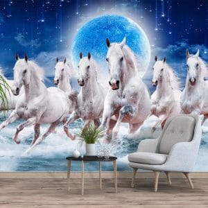 White Horses Buddha Moon Mural Print | Spiritual Art | Horse Wallpaper | Buddha Statue | Moon | Mystical Scene | Custom Canvas and Murals Print Nepal