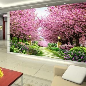 Cherry Blossom Path Park Wallpaper | Serene Decor Nepal | Blossom Wallpaper | Park Mural | Stone Path | Spring Flowers | Custom Mural Print Nepal | Custom Canvas Print Nepal