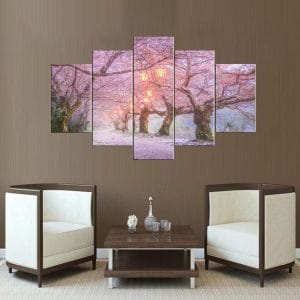 Cherry Blossoms Lanterns Canvas Print | Nature Art | Cherry Blossom Canvas | Pink Flowers | Glowing Lanterns | Misty Path | Spring Scene | Custom Canvas and Murals Print Nepal