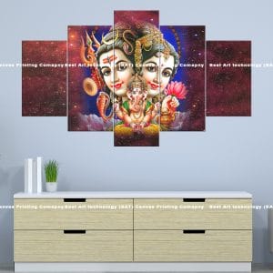 Divine Trio Shiva Parvati Ganesha Canvas | Hindu Art | Shiva | Parvati | Ganesha | Divine Family | Cosmic Background | Stars | Religious Canvas Print | Wallpaper | Home Decor | Custom Canvas Print Nepal | Custom Murals Print Nepal