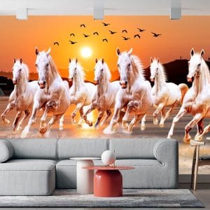 White Horses Sunset Mural Print | Animal Art | Horse Wallpaper | Beach Scene | Sunset | Galloping Horses | Custom Canvas and Murals Print Nepal