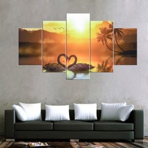 Swans Heart Sunset Canvas Print | Nature Art | Black Swans Canvas | Heart Shape | Sunset Lake | Palm Trees | Romantic Scene | Custom Canvas and Murals Print Nepal