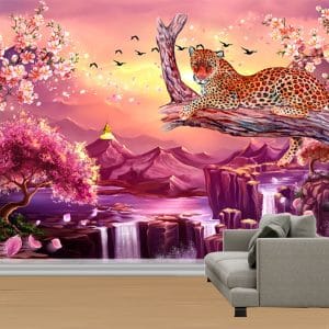 Leopard Pink Landscape Mural Print | Animal Art | Leopard Wallpaper | Pink Landscape | Cherry Blossoms | Waterfall | Custom Canvas and Murals Print Nepal