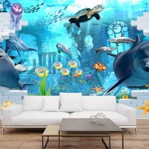 Underwater Dolphins Reef 3D Mural Print | Ocean Art | 3D Wallpaper | Dolphins | Coral Reef | Sea Turtle | Marine Life | Custom Canvas and Murals Print Nepal