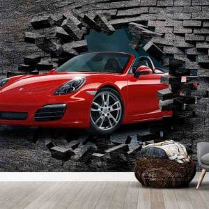 Red Sportscar Brick 3D Mural Print | Automotive Art | 3D Wallpaper | Sportscar | Red Car | Breaking Wall | Custom Canvas and Murals Print Nepal