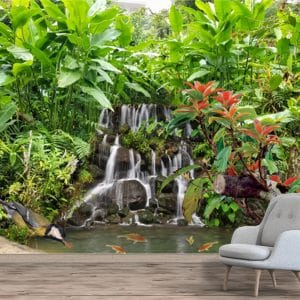 Tropical Waterfall Lush Foliage Wallpaper | Vibrant Nature Wall Decor Nepal | Waterfall Wallpaper | Tropical Mural | Rainforest Wall Art | Exotic Birds | Colorful Fish | Custom Mural Print Nepal | Custom Canvas Print Nepal