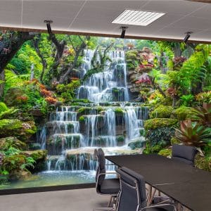 Lush Jungle Cascading Waterfalls Wallpaper | Vibrant Nature Wall Decor Nepal | Waterfall Wallpaper | Jungle Mural | Tropical Foliage Wall Art | Colorful Flowers | Custom Mural Print Nepal | Custom Canvas Print Nepal