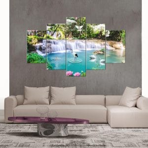 Waterfall Swans Serene Canvas Print | Nature Art | Waterfall Canvas | Swans | Lotus Flowers | Tranquil Scene | Custom Canvas and Murals Print Nepal