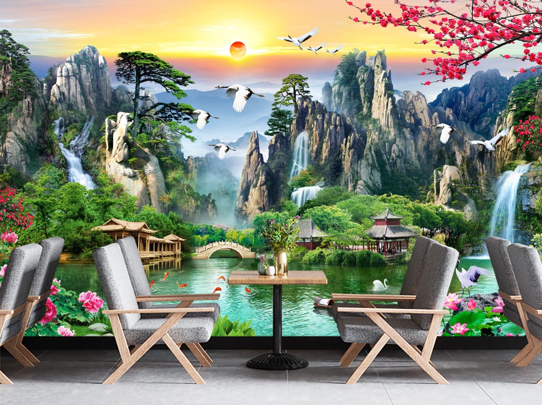 Sunrise Asian Mountain Lake Wallpaper Sunrise Asian Mountain Lake Wallpaper | Serene Decor Nepal | Asian Landscape Wallpaper | Mountain Mural | Lake View | Crane Art | Sunrise Scene | Custom Mural Print Nepal | Custom Canvas Print Nepal