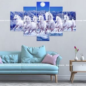 Seven Horses Mountain Canvas Print | Six Horses | White Horses | Moonlight | Moon | Mountain | Snow | Galloping | Animal Art | Home Decor | Custom Canvas Print Nepal | Custom Murals Print Nepal | Wallpaper Art