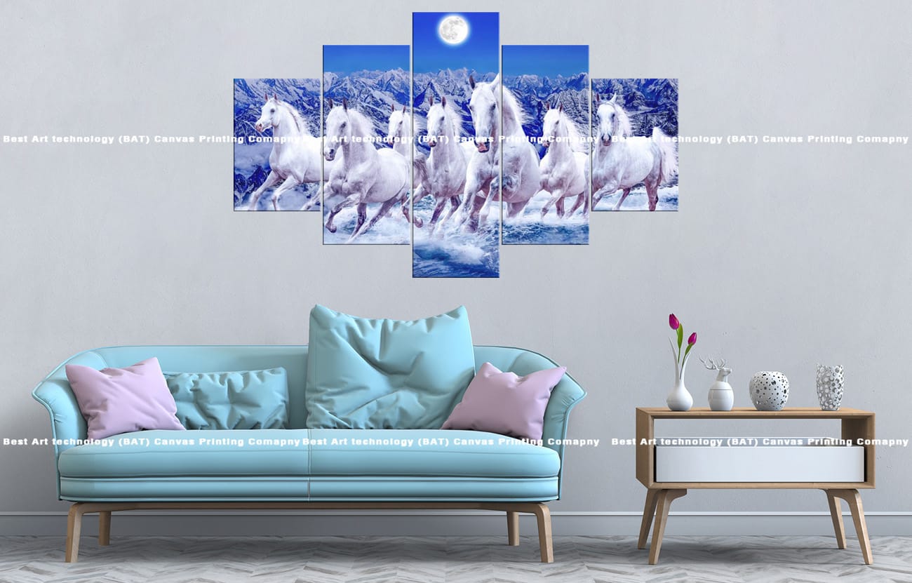 Seven Horses Mountain Canvas Seven Horses Mountain Canvas Print | Six Horses | White Horses | Moonlight | Moon | Mountain | Snow | Galloping | Animal Art | Home Decor | Custom Canvas Print Nepal | Custom Murals Print Nepal | Wallpaper Art