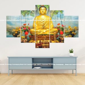 Golden Buddha Flowers Canvas | Buddha Canvas | Floral Art | Spiritual Decor | Meditation Art | Multi Panel Art | Home Decor | Single Panel Canvas Nepal | Custom Canvas Print Nepal | Wall Painting | wall art nepal | Wallpaper Nepal | Stunning Mural print