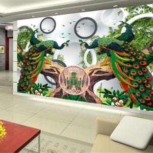 Colorful Peacock Branch Mural Print | Animal Art | Peacock Wallpaper | Vibrant Birds | Ornate Branches | Artistic Design | Custom Canvas and Murals Print Nepal