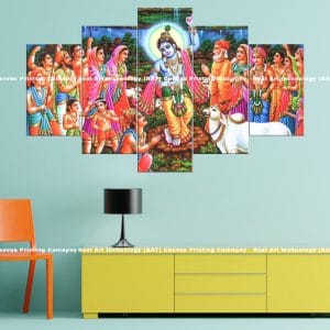 Govardhan Puja Canvas Print | Hindu Art | Krishna | Govardhan Hill | Puja | Devotees | Cows | Divine Protection | Religious Canvas Print | Wallpaper | Home Decor | Custom Canvas Print Nepal | Custom Murals Print Nepal