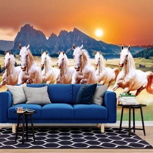 White Horses Mountain Sunset Mural Print | Animal Art | Horse Wallpaper | Mountain Landscape | Sunset | Galloping Horses | Custom Canvas and Murals Print Nepal